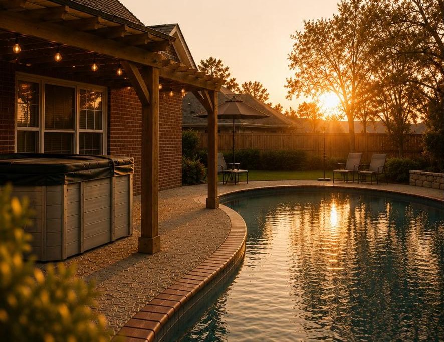 Pool and pergola at golden hour, The Story House